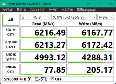 SN850X 4TB WDS400T2X0Eでゲームモードを無効にした場合のベンチマーク Crystal Disk Mark 4GiB の結果