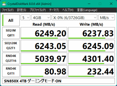 SN850X 4TB WDS400T2X0Eでゲームモードを有効にした場合のベンチマーク Crystal Disk Mark 4GiB の結果