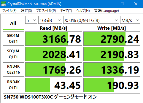 SN750 WDS100T3X0C Crystal Disk Mark 7.0 16GiB Gaming Mode ON