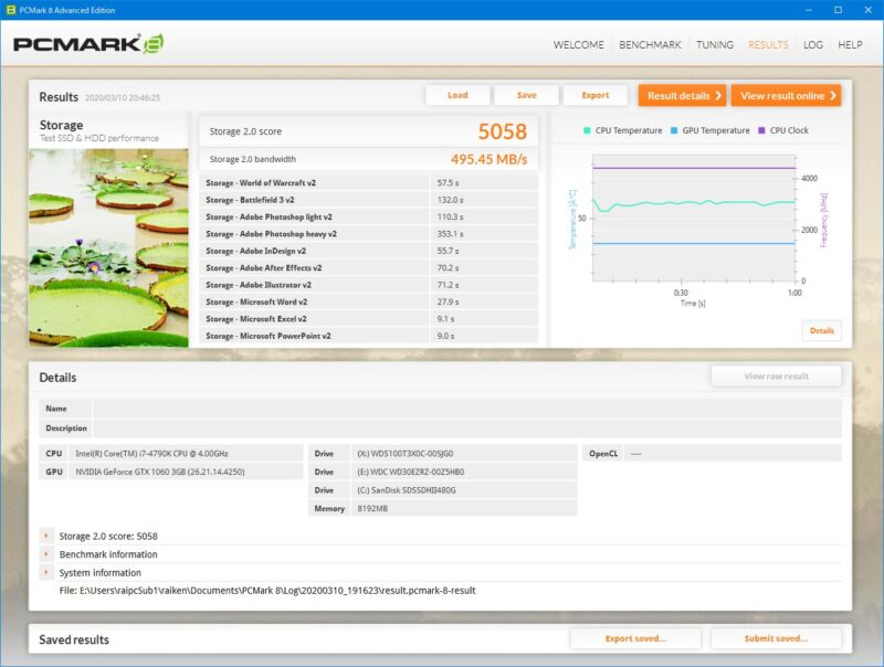 SN750 WDS100T3X0C PCMARK8 Storage Test Gaming Mode OFF