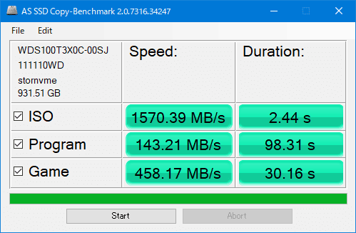 SN750 WDS100T3X0C AS SSD Copy Benchmark Gaming Mode OFF