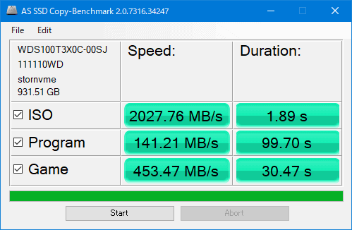 SN750 WDS100T3X0C AS SSD Copy Benchmark Gaming Mode ON