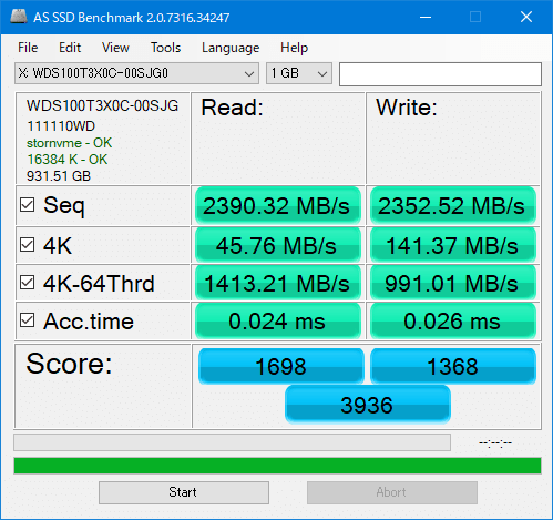 SN750 WDS100T3X0C AS SSD 1GB Gaming Mode OFF